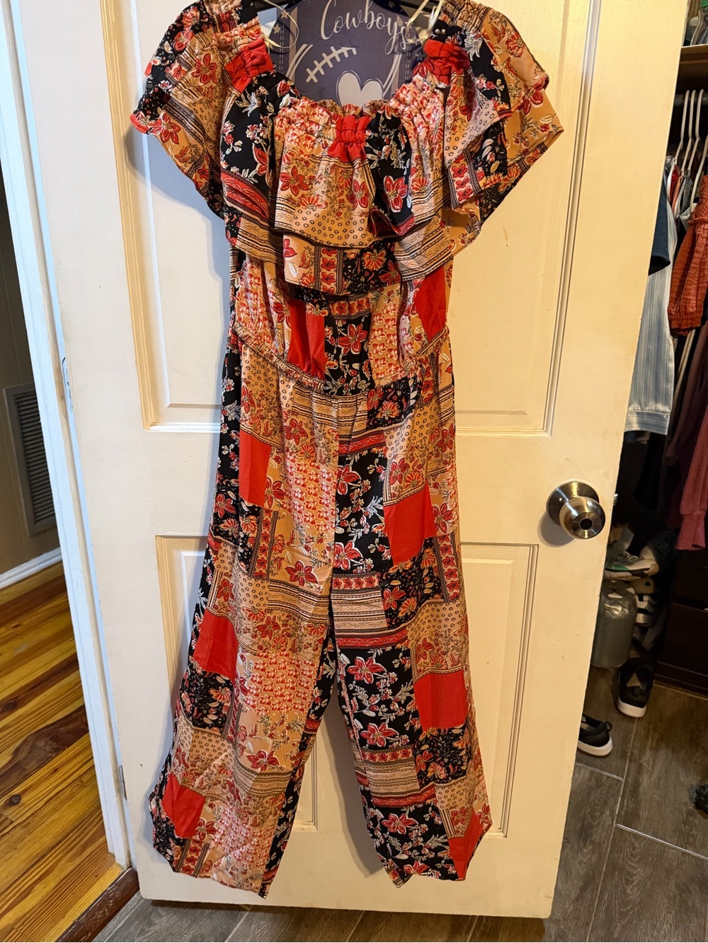 Umgee Patchwork Off-Shoulder Jumpsuit in Red, Black, and Tan